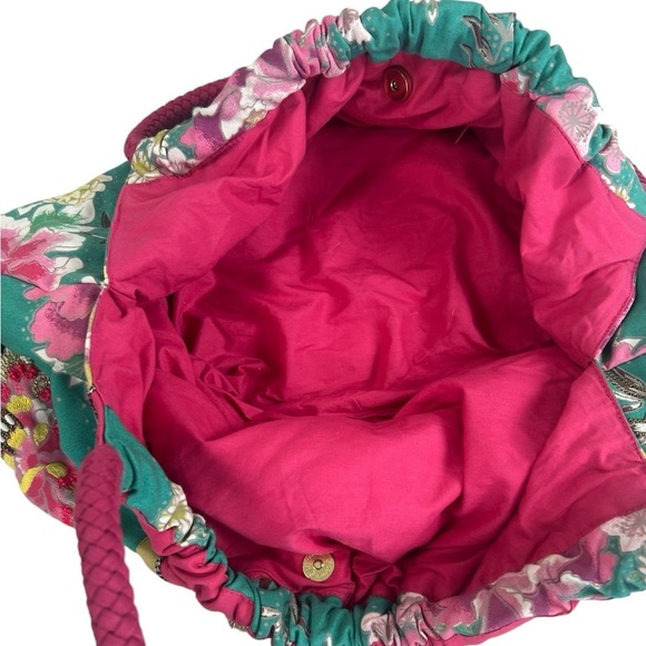 Accessorize Italian Venetian Green Pink Tote Shoulder Bag Tassel Bead Sequin - Picture 7 of 11